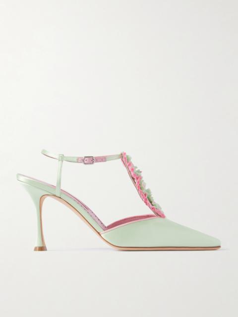 Manolo Blahnik Hebes 90 Appliquéd Satin Mary Jane Pumps