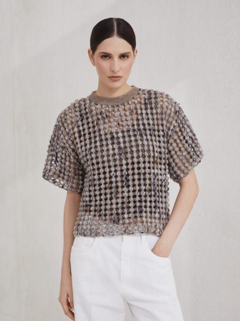 Brunello Cucinelli Virgin wool, cashmere and mohair balloon net embroidery knit T-shirt