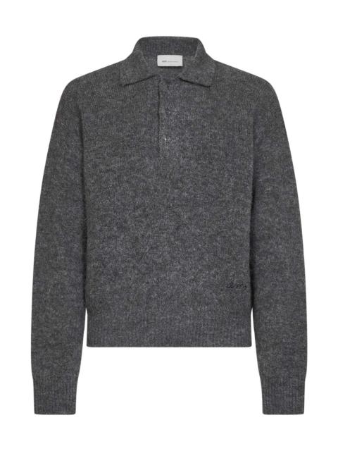 AMI Paris Charcoal grey alpaca-blend knit embroidered polo shirt