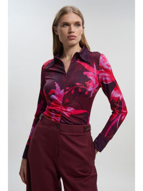 KAREN MILLEN Floral Print Crepe Collared Long Sleeve Shirt