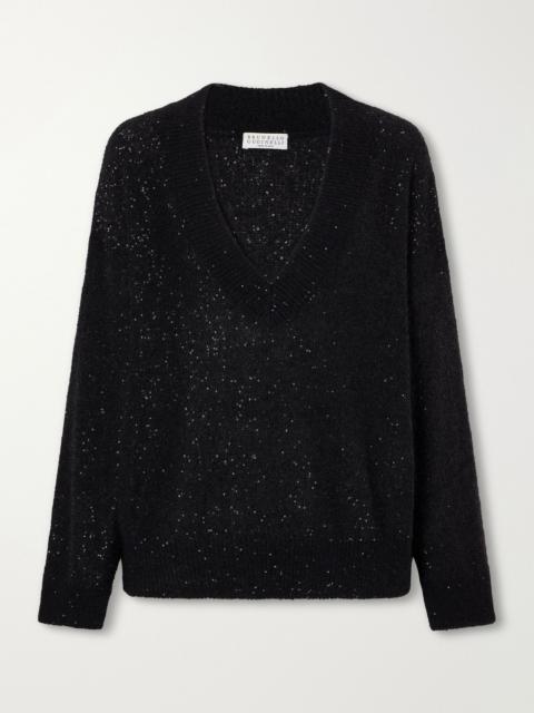 Brunello Cucinelli Sequined rib-trimmed knitted sweater Black