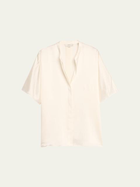 Short-Sleeve Dolman Button-Front Silk Blouse