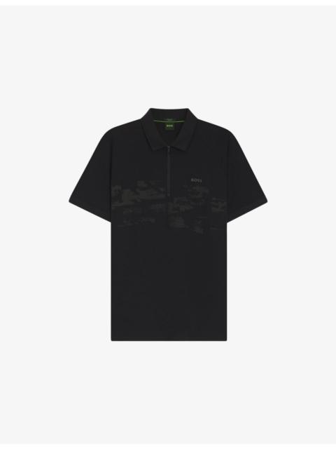 BOSS Abstract-Print Zipped Cotton-Blend Polo Shirt