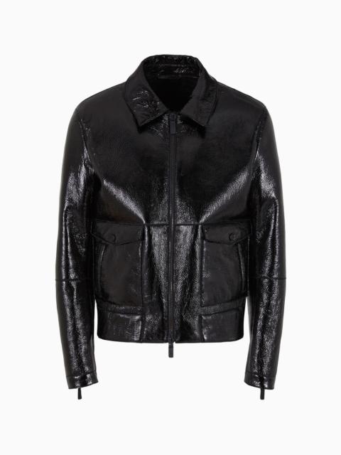 Merino lamb shearling blouson with patent-effect chrome-tanned exterior