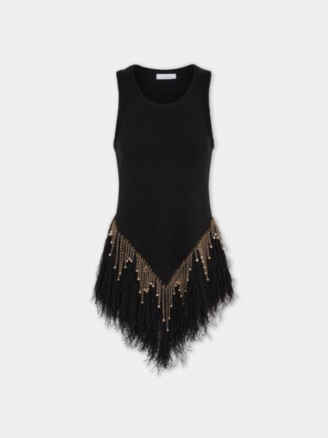 rabanne BLACK WOVEN TOP WITH KNITTED BEADS AND FEATHERS
