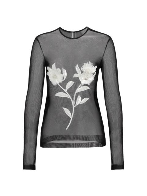 NORMA KAMALI Women's Floral Embroidered Mesh Top - Black And Snow White