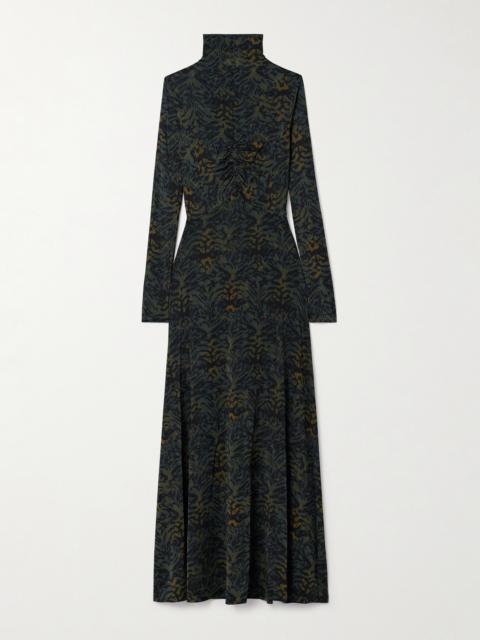 ULLA JOHNSON Koa Ruched Printed Stretch-jersey Turtleneck Maxi Dress