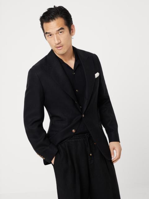 Brunello Cucinelli Linen, wool and silk diagonal deconstructed blazer with large peak lapels and metal buttons