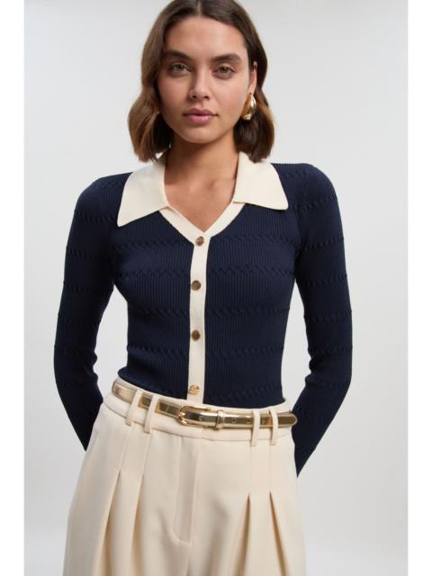 KAREN MILLEN Viscose Rib Stitch Detail Contrast Colour Button Knit Top