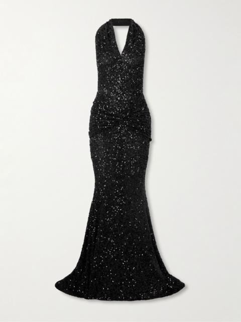 PATOU Draped sequined mesh halterneck gown Black