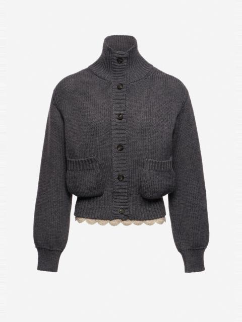 MAGDA BUTRYM Cinched wool cardigan with high collar and lace trim in grey