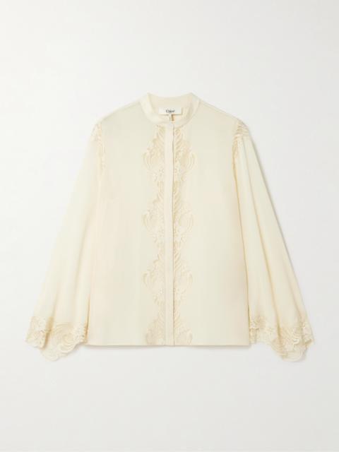 Chloé Embroidered Lace-trimmed Organic Silk-georgette Blouse