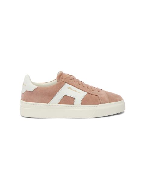 Santoni Women’s pink and white suede and leather double buckle sneaker