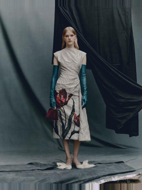 Erdem FLORAL PRINT TEXTURED SATIN DRAPED MIDI DRESS