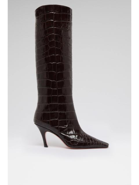 Amina Muaddi MONA BOOT 80 SHINY COFFEE PRINTED CROC