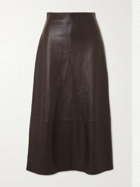 Paneled leather midi skirt