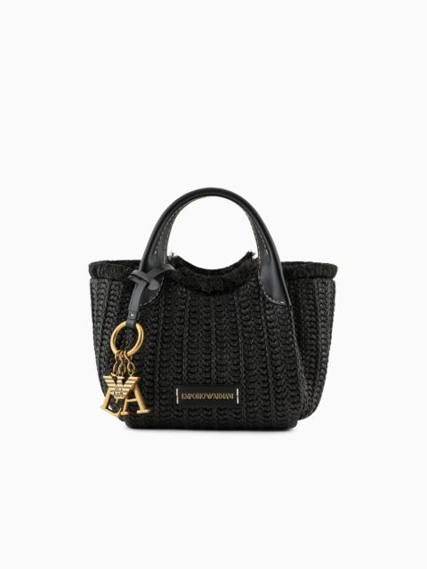 Woven straw handbag with logo charm