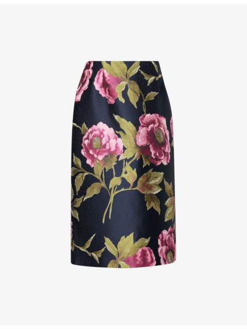 CAROLINA HERRERA Floral-Print Satin Midi Pencil Skirt