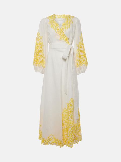 Golden embroidered linen maxi dress