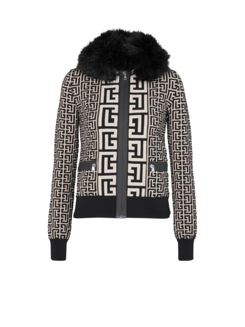 Balmain Monogrammed knit jacket with faux fur