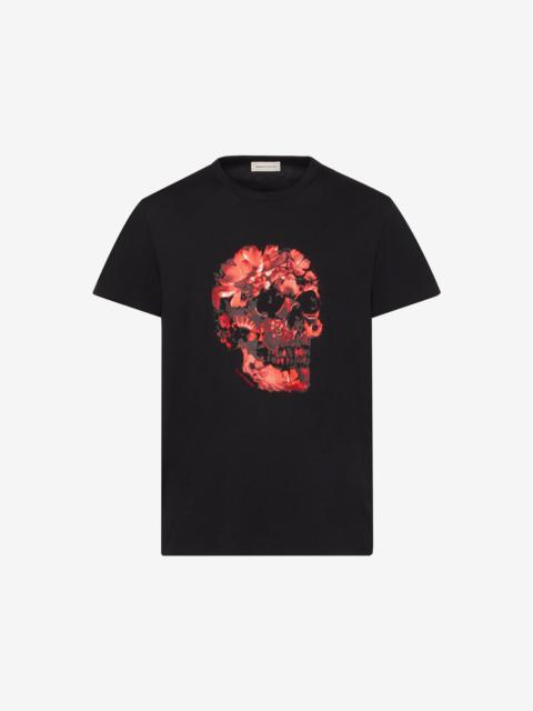 Alexander McQueen Men's Wax Flower Skull T-shirt in Black/red