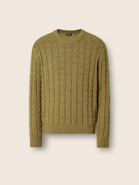 ZEGNA OLIVE GREEN MÉLANGE LINEN CASHMERE AND SILK CREWNECK