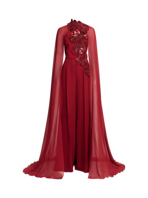 ELIE SAAB Embelished Cape-Sleeve Cady Jumpsuit red