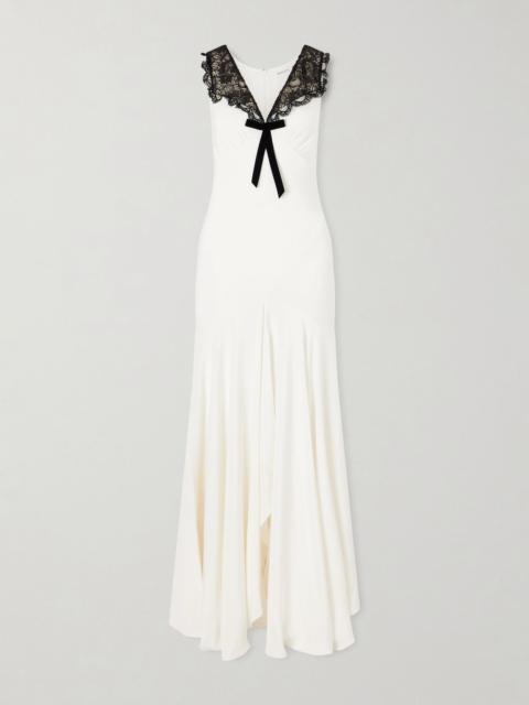 RODARTE Bow-embellished lace-trimmed silk-crepe midi dress White