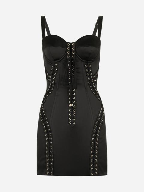 Dolce & Gabbana Short satin dress with laces and eyelets