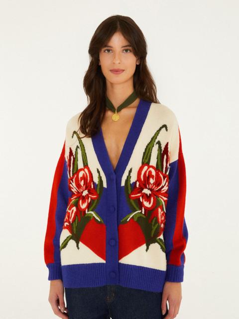 FARM RIO Bold Stripe Flowers Buttoned Knit Cardigan