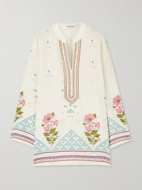 EMPORIO SIRENUSE Jamila embellished printed silk-crepe kaftan White