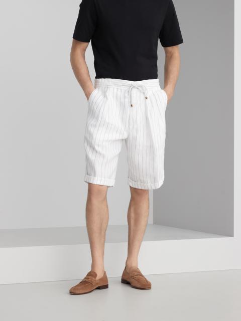 Linen chalk stripe Bermuda shorts with drawstring and double pleats
