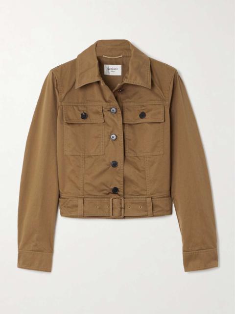 SAINT LAURENT Cropped belted organic cotton-twill jacket Sand