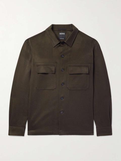 ZEGNA Camp-Collar Logo-Appliquéd Leather-Trimmed Oasi Cashmere Overshirt