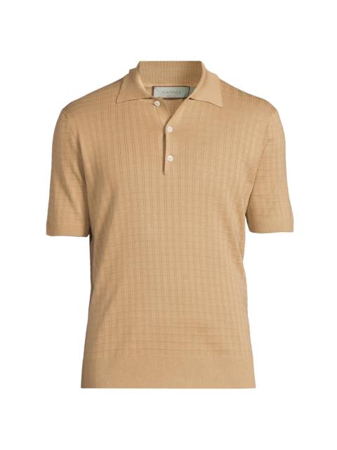 Canali Men's Grid Silk-Cotton Polo Shirt - Light Brown