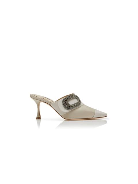 Manolo Blahnik Light Beige Satin Jewel Embellished Buckle Mules