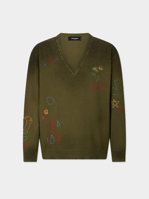 DSQUARED2 HANDMADE SCRIBBLES V NECK PULLOVER
