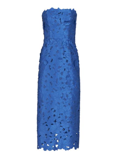 COSTARELLOS Delmara 3D-Appliqued Satin-Lace Strapless Midi Dress blue