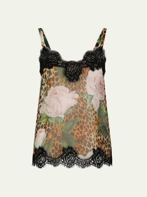 Ocelot-Print Lace-Trim Chiffon Top