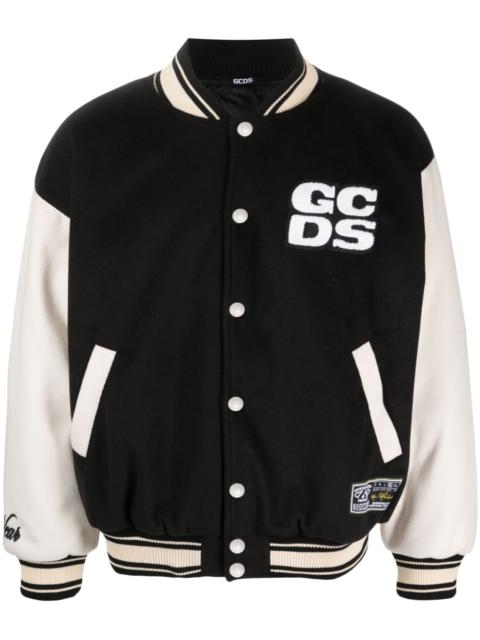 two-tone logo-patch bomber jacket