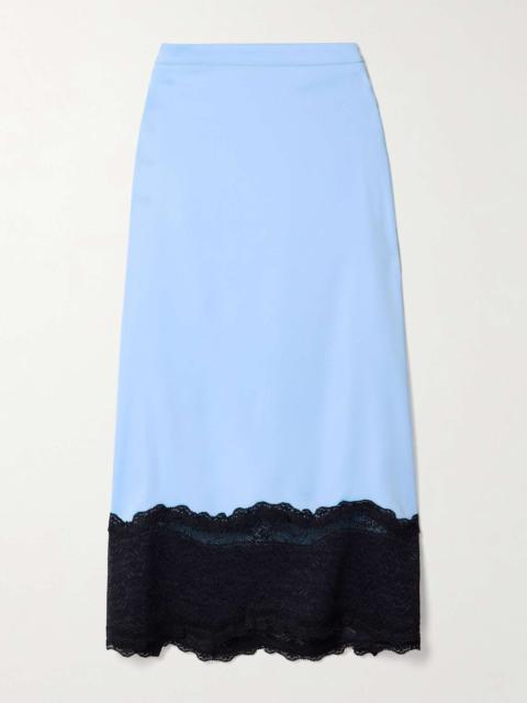 KIKA VARGAS Shonda lace-trimmed satin midi skirt Blue