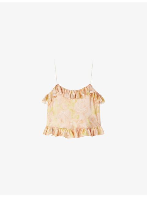 Sandro Cropped Flower-Print Woven Cami Top