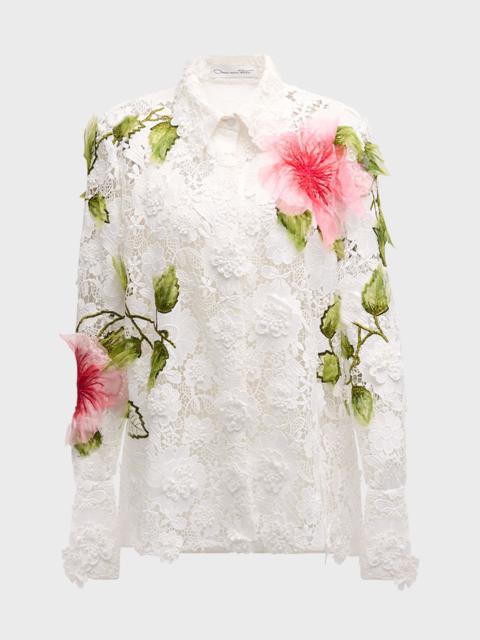 Oscar de la Renta Hibiscus Embroidered Long-Sleeve Floral Guipure Collared Top