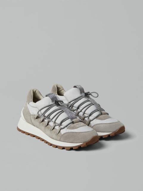Suede and techno fabric runners with precious detail