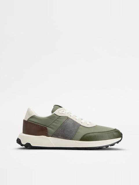 Tod's SNEAKERS IN LEATHER AND TECHNICAL FABRIC - GREEN, GREY, OFF WHITE