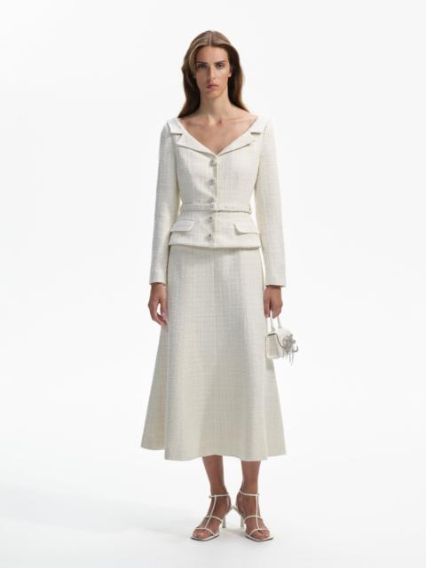 Cream Boucle Tailored Off Shoulder Midi Dress