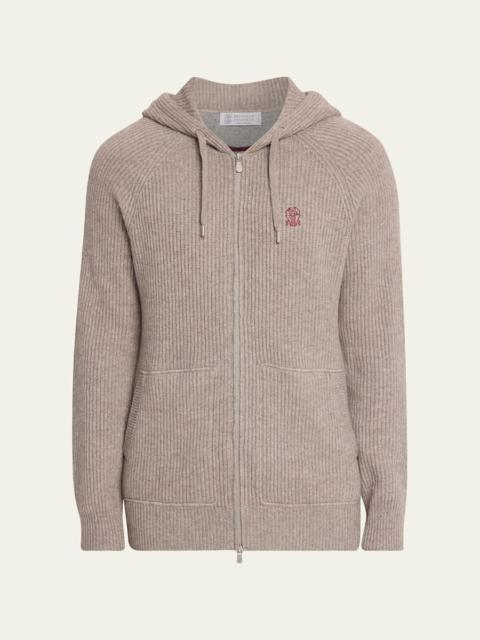 Brunello Cucinelli Men's Cashmere Rib Full-Zip Hoodie