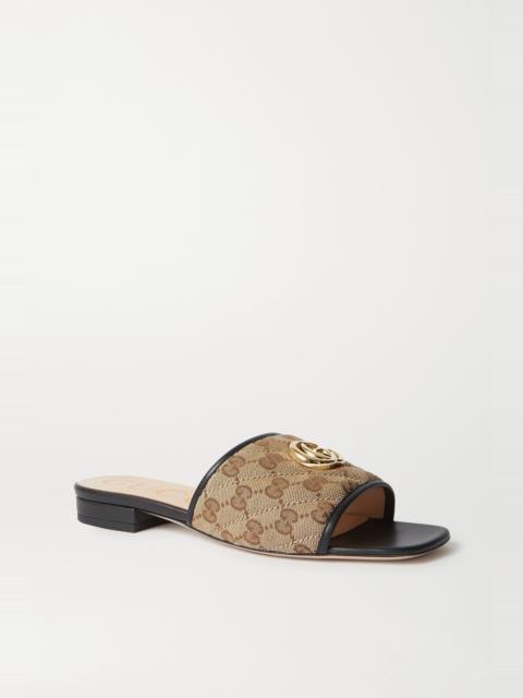 GUCCI Jolie leather-trimmed embellished logo-detailed canvas slides