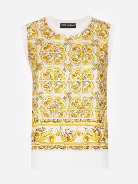 Dolce & Gabbana Sleeveless silk sweater with majolica-print silk twill panel on the front
