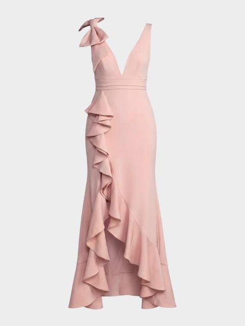MAC DUGGAL Plunging High-Low Ruffle Crepe Gown